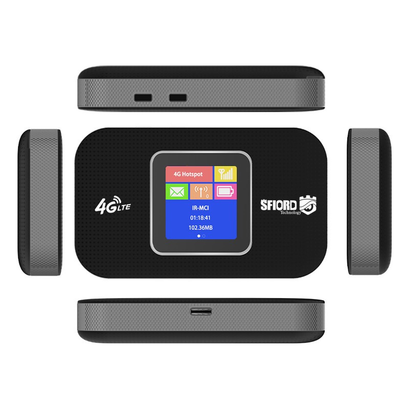 مودم 4G LTE قابل حمل اسفیورد مدل M750 با باتری 3000 میلیآمپرساعت، پشتیبانی از 10 کاربر همزمان، نمایشگر رنگی دیجیتال، ...