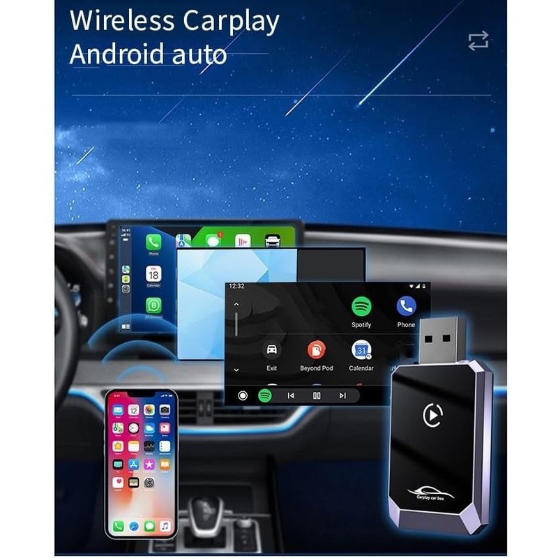کارپلی و اندروید اتو مدل Wireless CarPlay/Android Auto Q1Y به همراه مبدل USB به USB-C