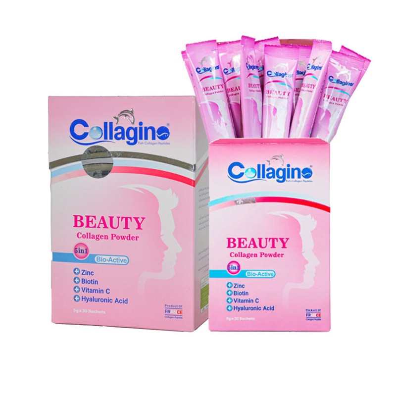 پودر کلاژن تقویتکننده پوست، مو و ناخن کلاژینو بیوتی مدل Beauty حاوی کلاژن پپتاید ماهی، ویتامین سی، زینک، بیوتین و هیا...