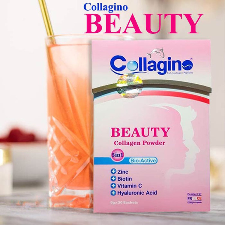 پودر کلاژن تقویتکننده پوست، مو و ناخن کلاژینو بیوتی مدل Beauty حاوی کلاژن پپتاید ماهی، ویتامین سی، زینک، بیوتین و هیا...