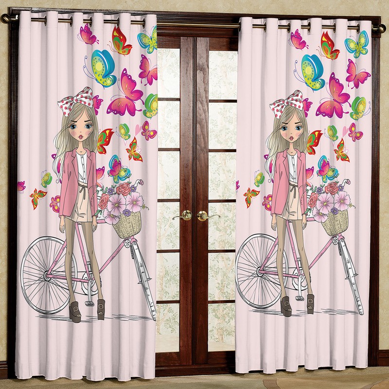پرده مدل دختر و دوچرخه مخمل پانچی کد 335L سایز 140x280 سانتی متر