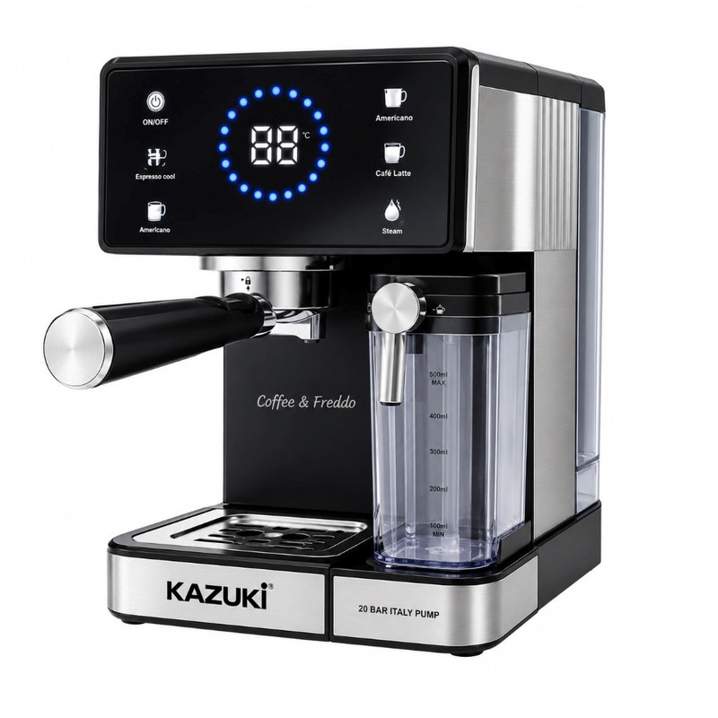 اسپرسوساز خانگی کازوکی مدل K-240 با مخزن آب 1500 میلیلیتر، مخزن شیر 500 میلیلیتر، فشار بخار 20 بار، مصرف پودر قهوه، 1 نازل قهوه و صفحه نمایش دیجیتالی